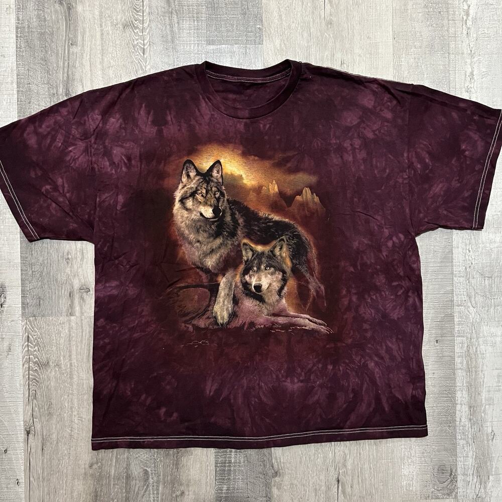 VTG Tie Dye Wolves T Shirt Mountain Graphic Maroon Animal Wolf Nature 2XL